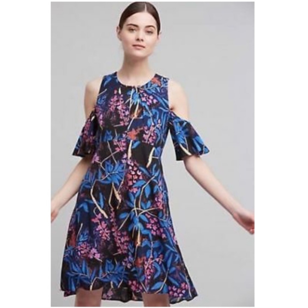 Anthropologie Blue Flowered Maeve “Elia” Dress, Flounce Sleeve, size 0
